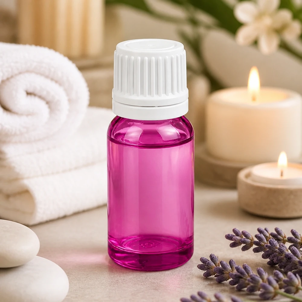 Butelka z zakraplaczem 10 ml 0,7 mm biała Oryginalna zakrętka PurpleLine UT18/10 Fioletowa butelka z zakraplaczem o pojemności 10 ml i białą nakrętką do zastosowań w aromaterapii i odnowie biologicznej