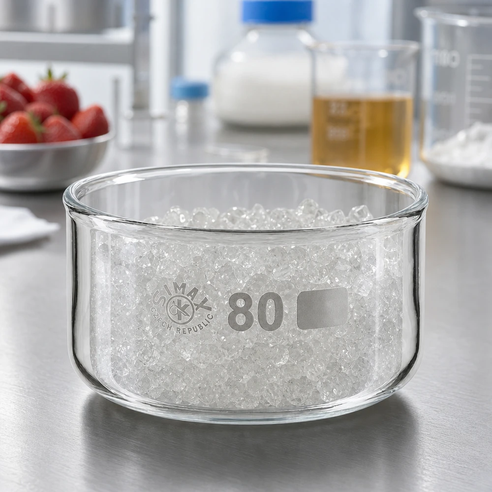 Miska krystalizacyjna SIMAX o pojemności 150 ml z białymi ziarnami granulatu na blacie ze stali nierdzewnej w laboratorium
