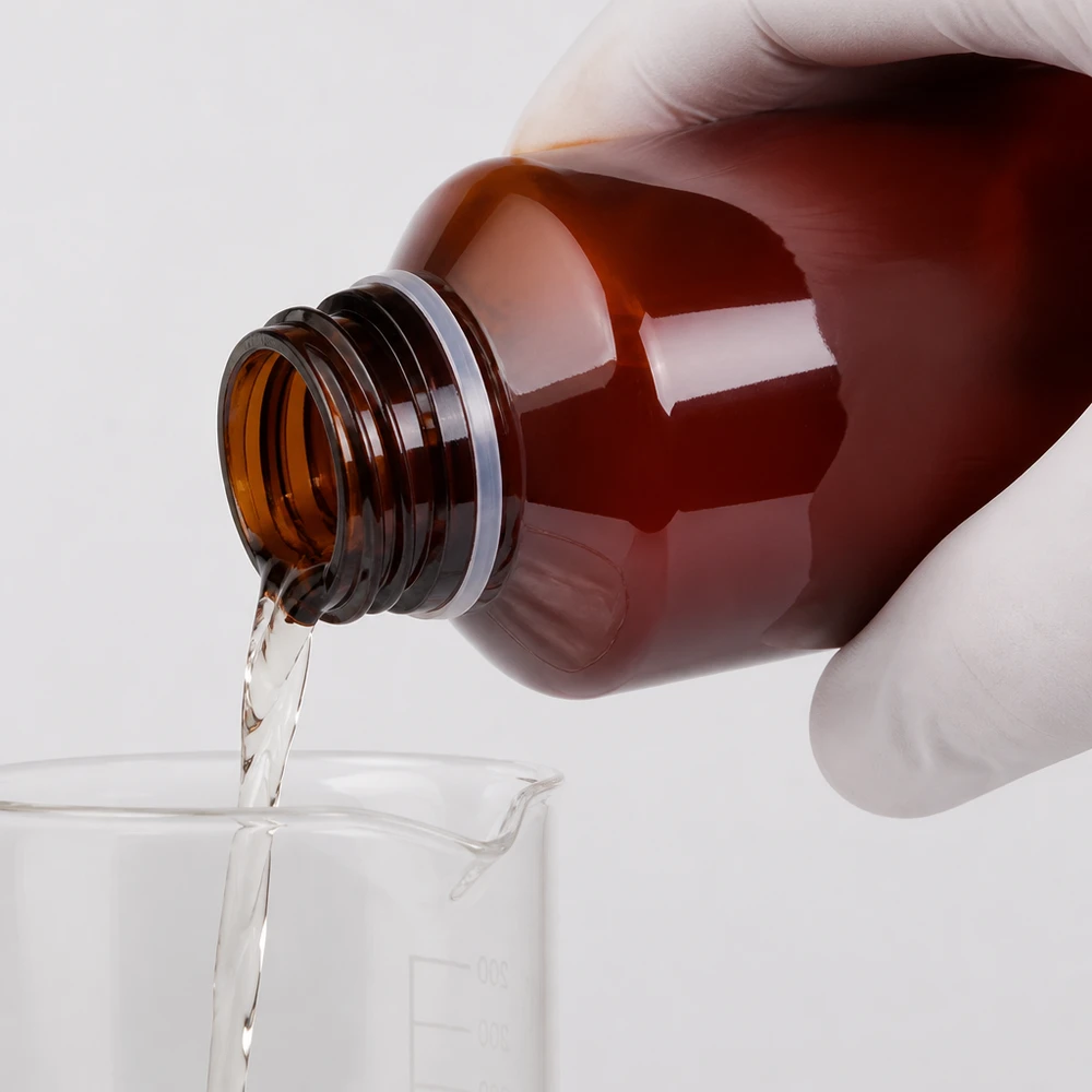 Butelka PET 200 ml z białym karbowanym OV Wylewa się zawartość bursztynowej plastikowej butelki o pojemności 200 ml z białym, żłobkowanym zamknięciem zabezpieczającym