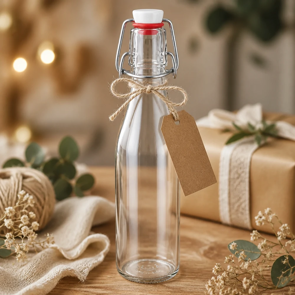 Szklana butelka o pojemności 250 ml z korkiem obrotowym, ozdobiona jako prezent, przywieszką z papieru pakowego i sznurkiem jutowym, świąteczna prezentacja.