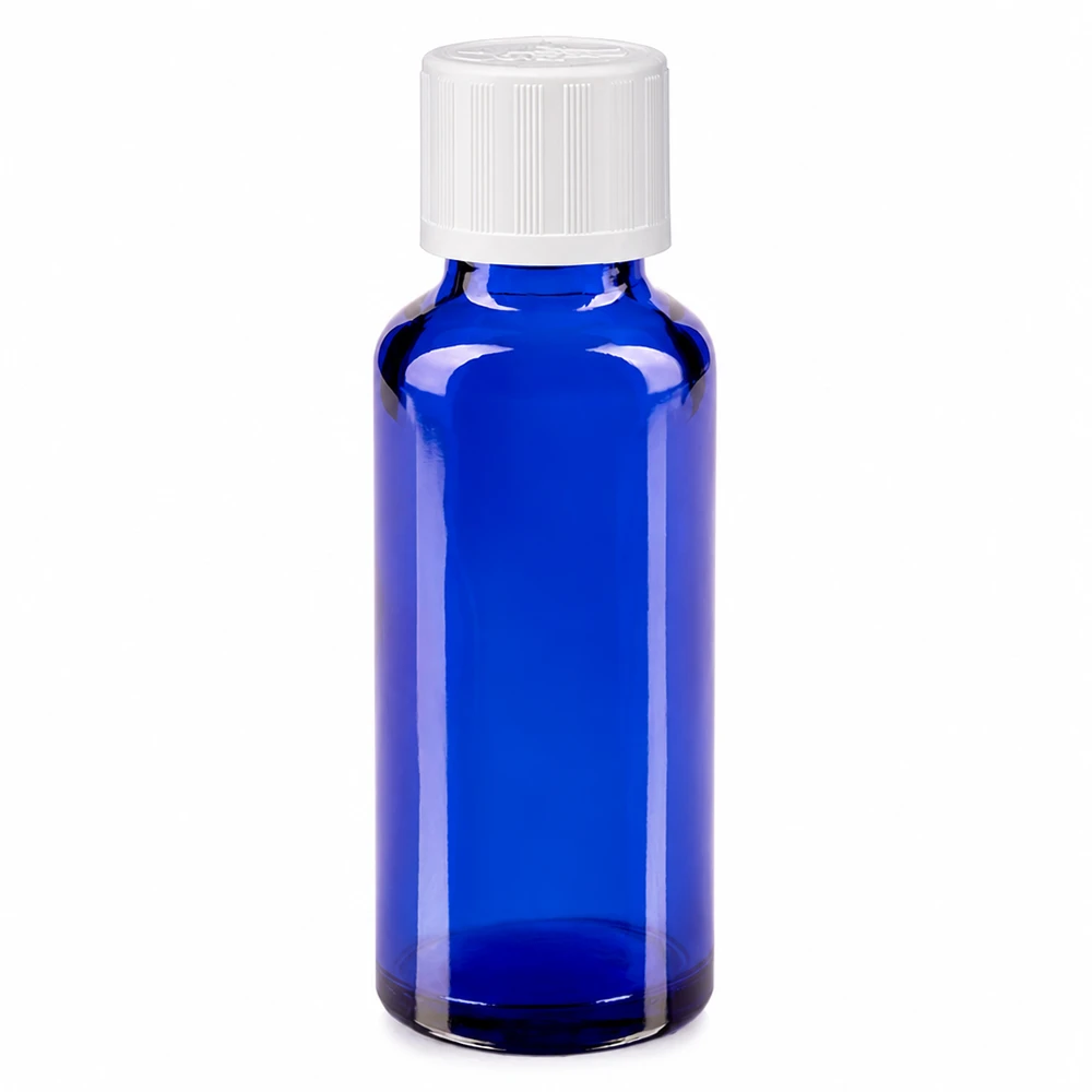 30 ml niebieska szklana buteleczka apteczna z białym zamknięciem zabezpieczającym przed dziećmi 11 mm
