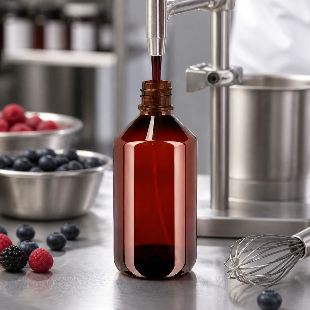 Butelka PET 500ml z atomizerem czarna Befüllung einer braunen PET Flasche 500ml mit Beerensirup neben frischen Früchten und Schneebesen