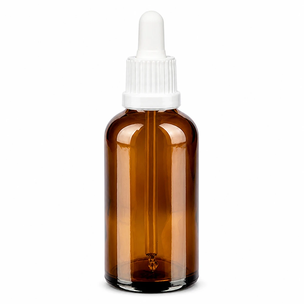 Butelka z pipetą z bursztynowego szkła o pojemności 50 ml z białą nasadką do precyzyjnego dozowania płynów