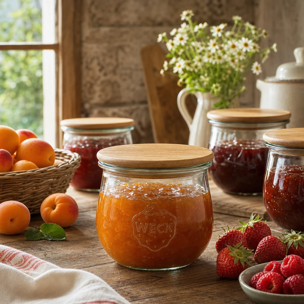 Słoik WECK tulipan 370ml RR80 wypełniony dżemem morelowym obok świeżych owoców w rustykalnej kuchni