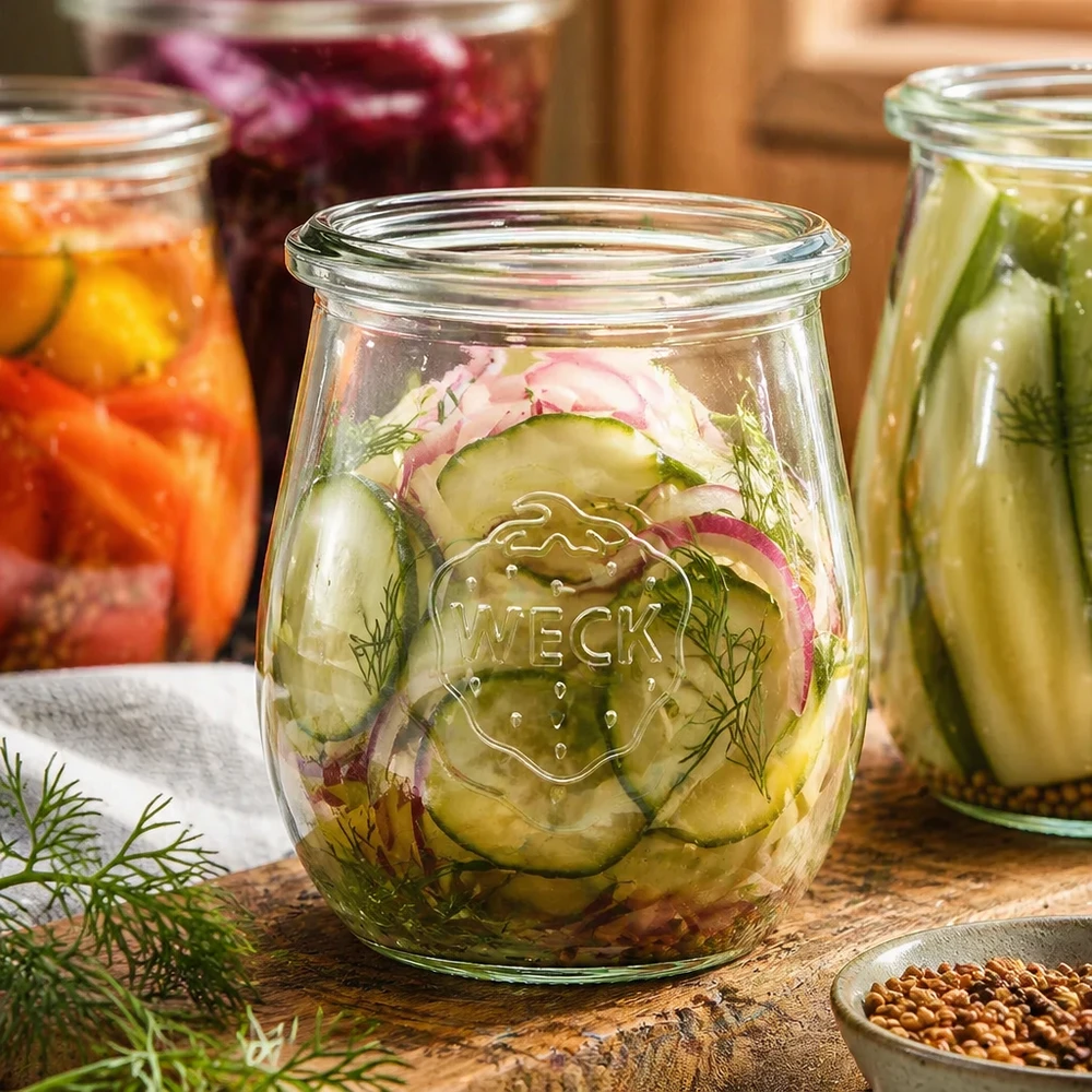 Słoik tulipanowy 220 ml WECK RR60 WECK słoik tulipan 220ml RR60 wypełniony ogórkami kiszonymi i koperkiem obok kolorowych słoików na przetwory Preserves Kitchen