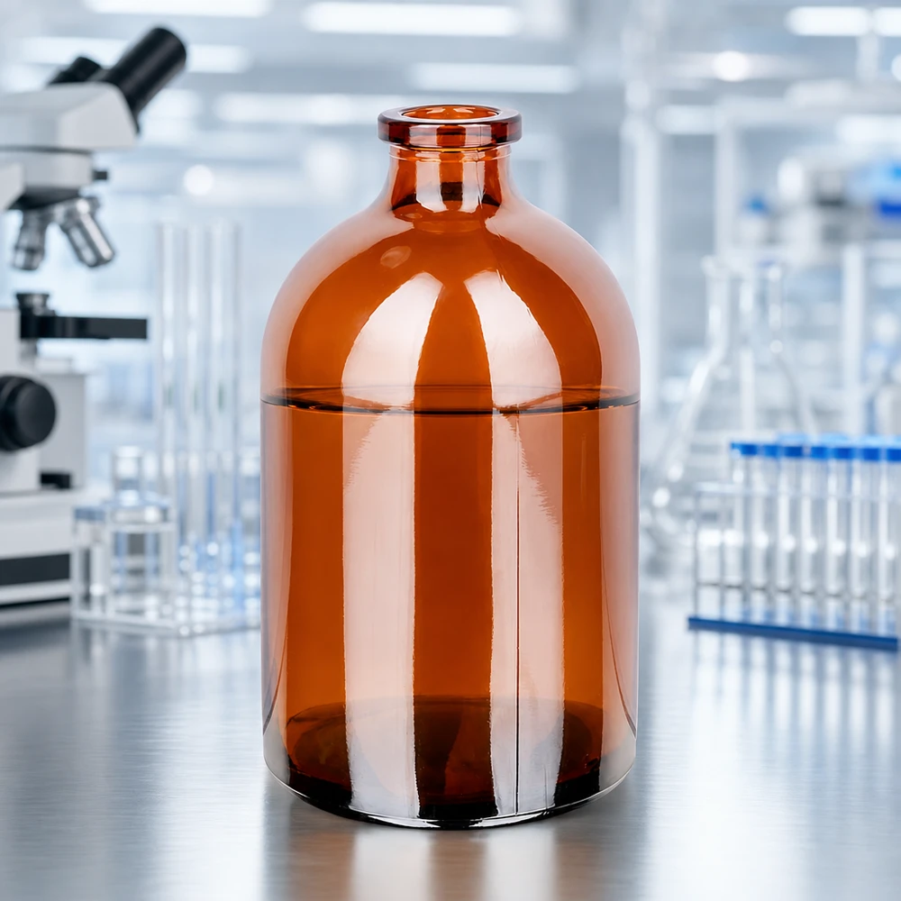 Butelka iniekcyjna z bursztynowego szkła 100 ml Sterile Braunglas-Injektionsflasche 100ml für Infusionslösungen vor professioneller Laborausstattung