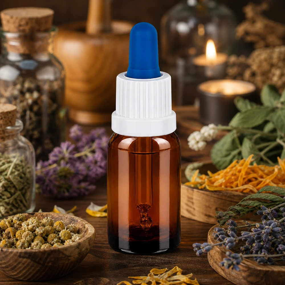 Butelka z pipetą BrownLine 10 ml z gwintem OV18 i niebieską końcówką zakraplacza do aromaterapii