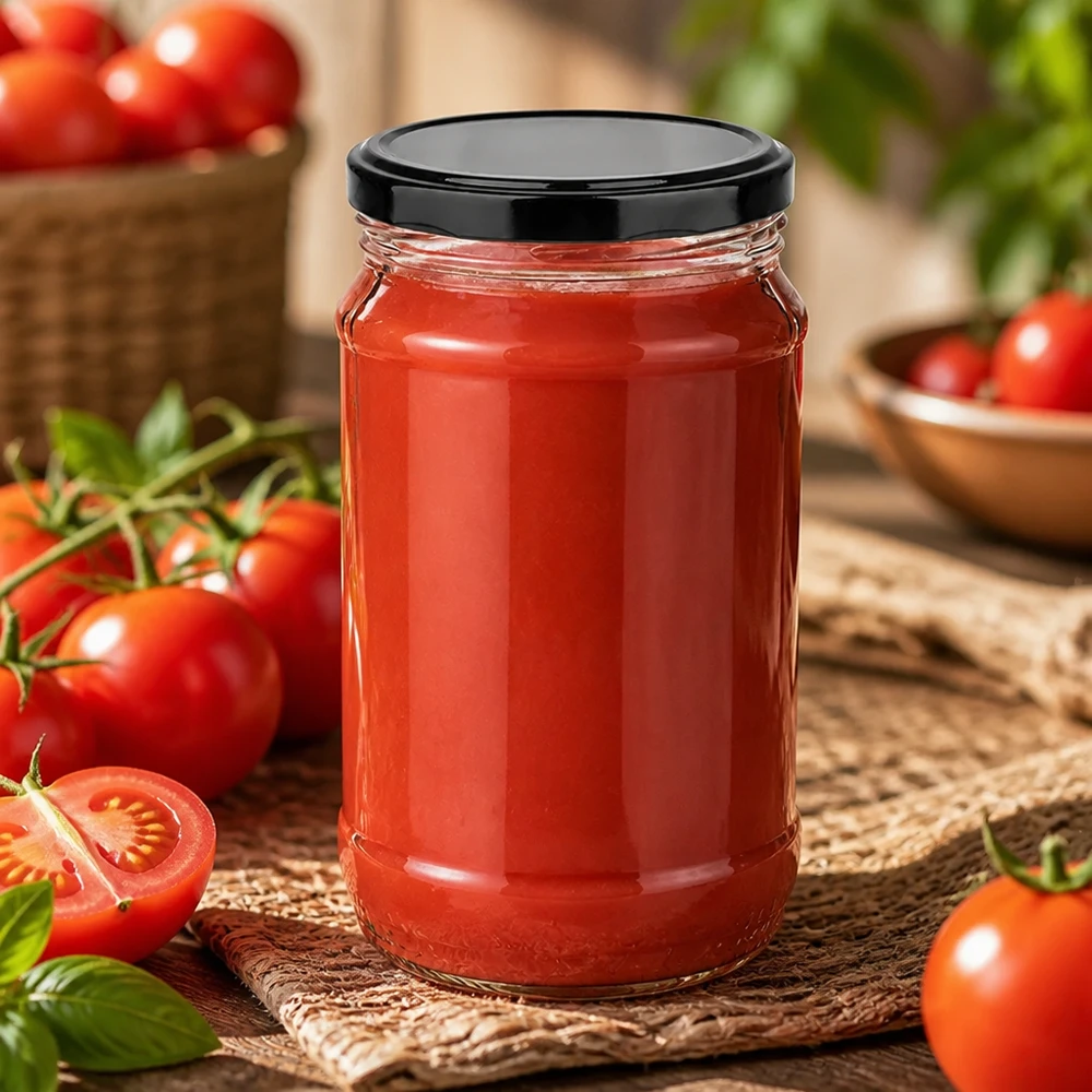 Okrągła szklanka 370 ml + BasicSeal czarna UNiTWIST Okrągła szklana butelka UNiTWIST o pojemności 370 ml z czarną pokrywką BasicSeal, wypełniona świeżym sosem pomidorowym, otoczona czerwonymi pomidorami