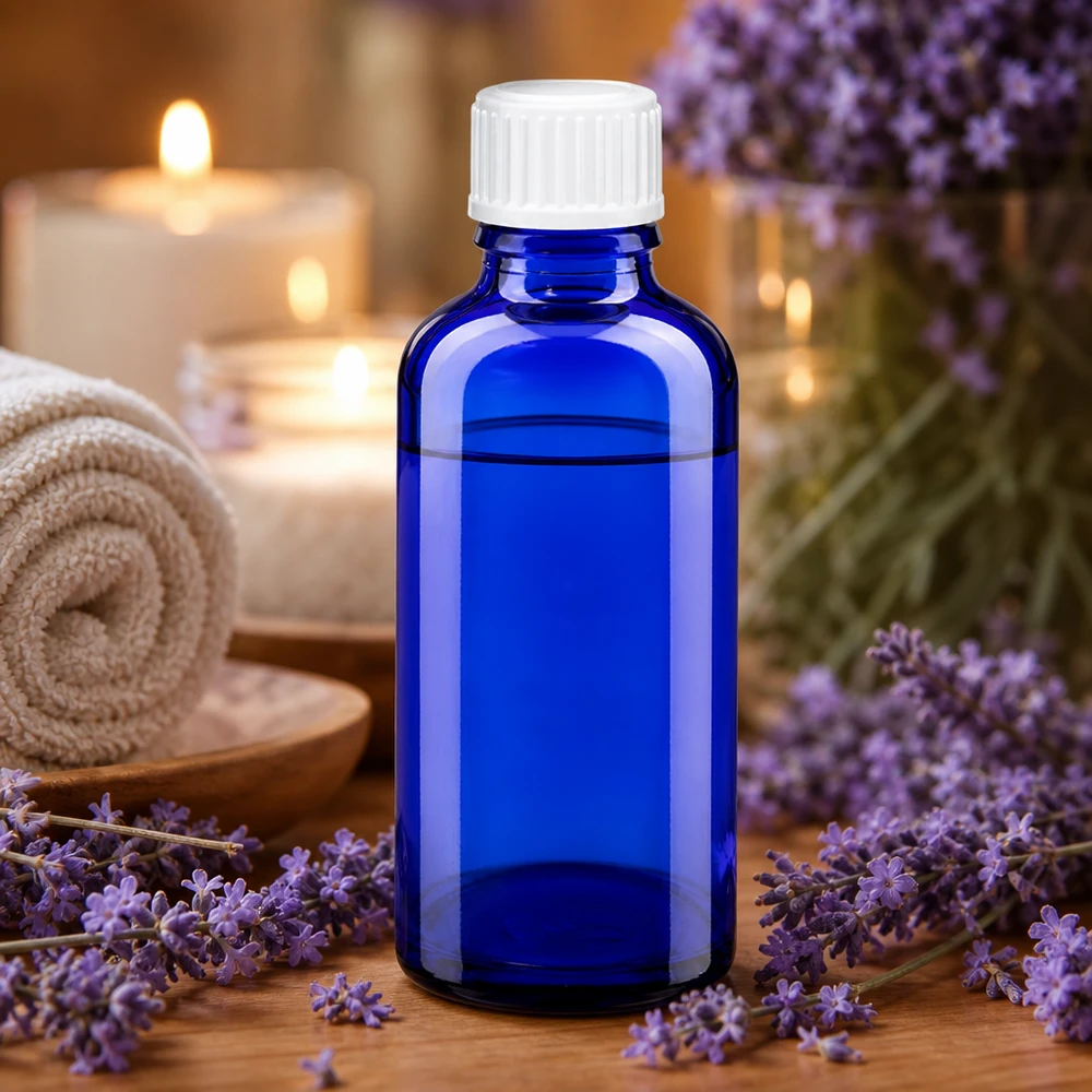 Niebieska szklana buteleczka o pojemności 50 ml z białym zamknięciem, otoczona kwiatami lawendy i świecami w atmosferze spa