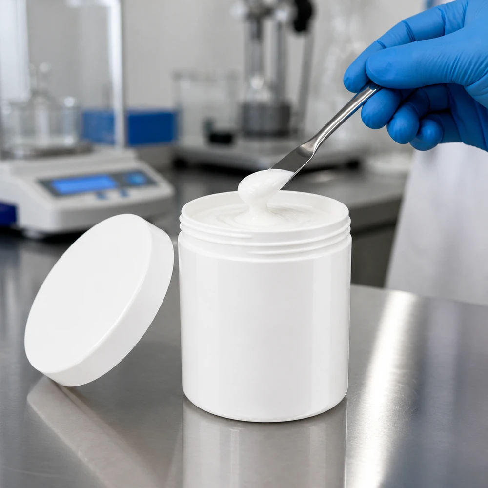 Badanie laboratoryjne białego słoika na maść o pojemności 800 g, wykonanego z tworzywa PP, z zakręcaną pokrywką