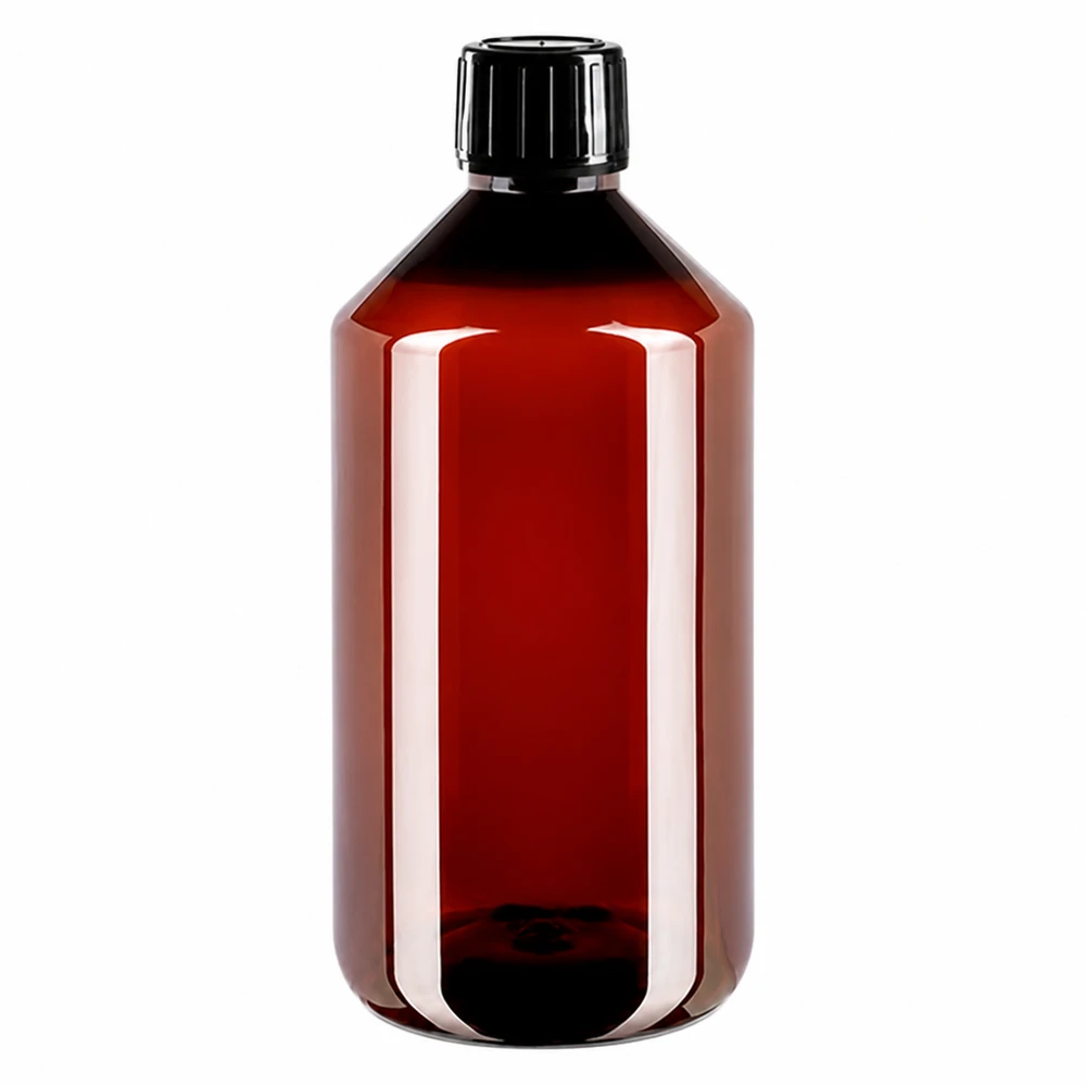 Brązowa butelka PET o pojemności 750 ml z czarnym zamknięciem typu „spritz” i plombą zabezpieczającą