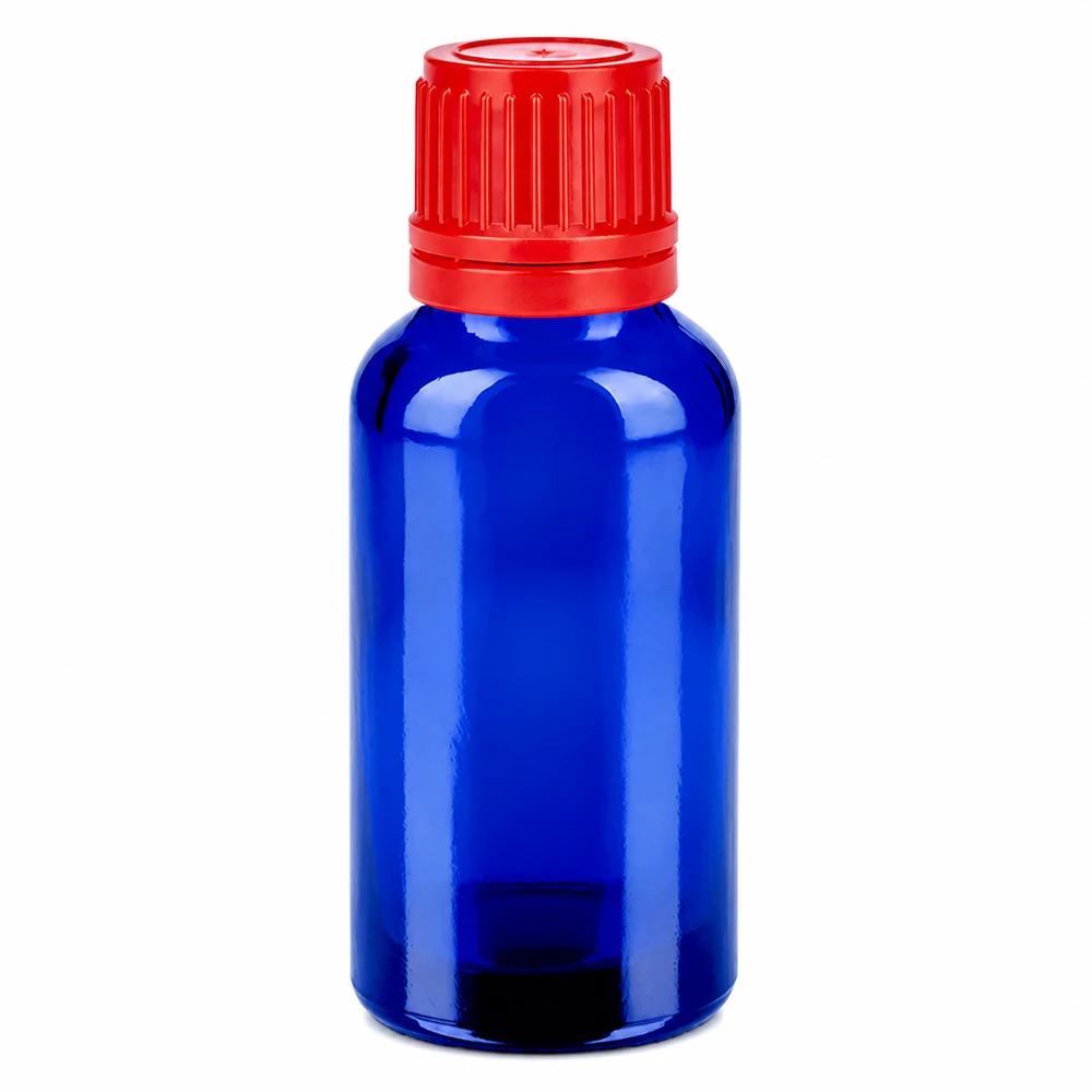 Butelka 30 ml 11 mm SV czerwona OV BlueLine UT18/30 30 ml szklana butelka z czerwoną zakrętką do olejków eterycznych i aplikacji kroplowych