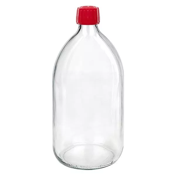 Butelka na lek 1000 ml przezroczysta, czerwona zakrętka z pierścieniem ApoGlas umożliwiającym łatwe manipulowanie. Farmaceutyczna jakość produkcji UE. Gwint 28 mm (PP28). (syrop, butelka z lekkiego szkła)