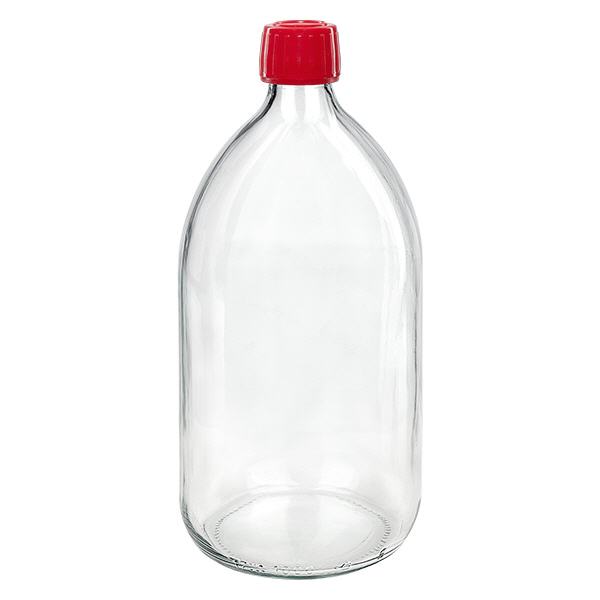 Butelka na lek 1000 ml przezroczysta, czerwona zakrętka z pierścieniem ApoGlas umożliwiającym łatwe manipulowanie. Farmaceutyczna jakość produkcji UE. Gwint 28 mm (PP28). (syrop, butelka z lekkiego szkła) Butelka na lek 1000 ml przezroczysta, czerwona zakrętka z pierścieniem ApoGlas umożliwiającym łatwe manipulowanie. Farmaceutyczna jakość produkcji UE. Gwint 28 mm (PP28). (syrop, butelka z lekkiego szkła)