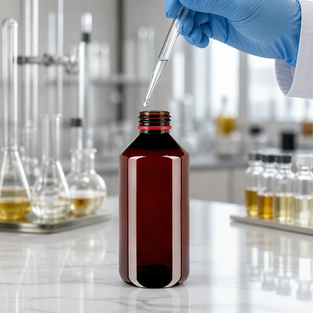 Butelka na chemikalia 1000 ml, brązowa, z PET, z oryginalnym zamknięciem w kolorze czerwono-białym, do zastosowań laboratoryjnych