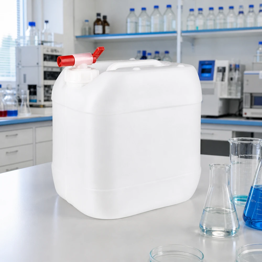 Prostokątny kanister z HDPE o pojemności 15 litrów, wyposażony w uchwyt do przenoszenia i czerwony kranik spustowy, przeznaczony do zastosowań laboratoryjnych