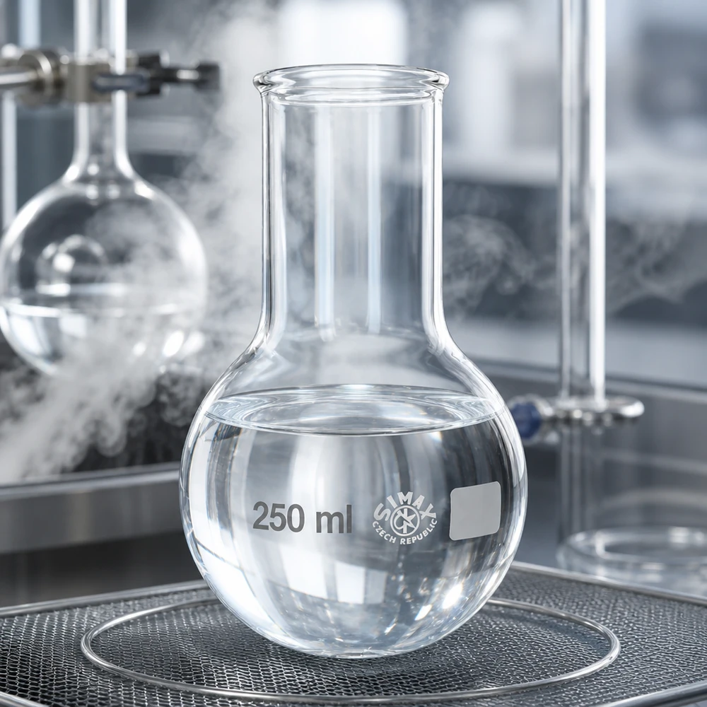 Przezroczysta kolba okrągłodenna o pojemności 250 ml z szeroką szyjką zapewniająca optymalną widoczność podczas reakcji chemicznych