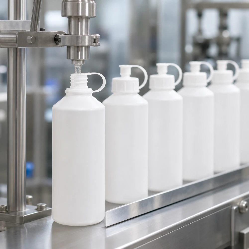 Butelka apteczna HDPE 100ml z zakrętką, z rozpylaczem Automatyczna linia rozlewnicza napełnia białe butelki apteczne z HDPE o pojemności 100 ml w ramach produkcji seryjnej
