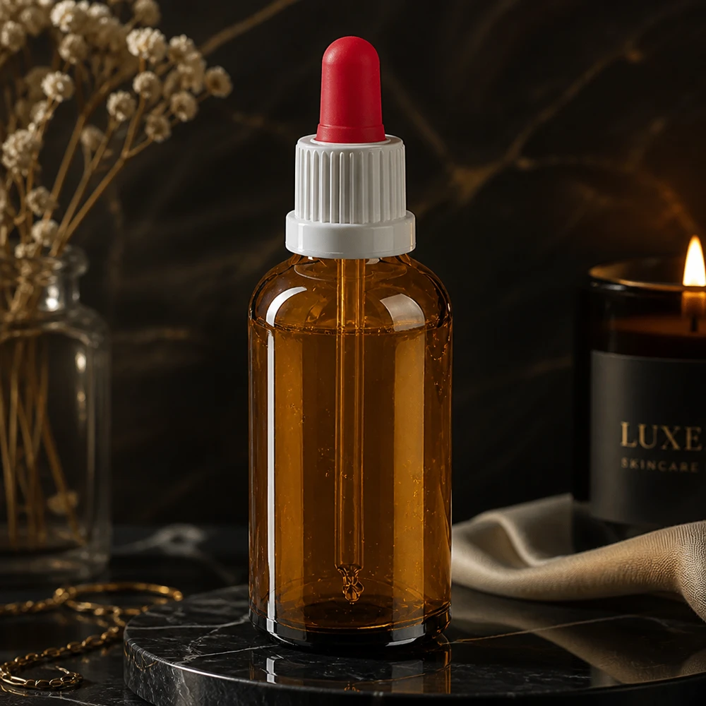 50 ml butelka z pipetą, biała/czerwona OV BrownLine UT18/50 Wysokiej jakości butelka z zakraplaczem o pojemności 50 ml z eleganckiego bursztynowego szkła z precyzyjną czerwoną silikonową pipetą