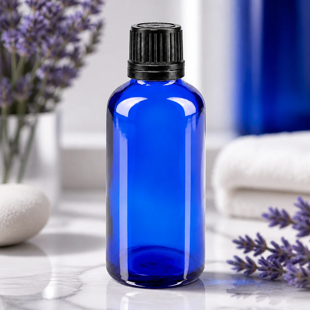Butelka apteczna niebieska 50ml zakrętka czarny nalewak r. OV Niebieska buteleczka apteczna o pojemności 50 ml, wykonana ze szkła borokrzemowego, z oryginalną, żebrowaną nakrętką, obok gałązek lawendy