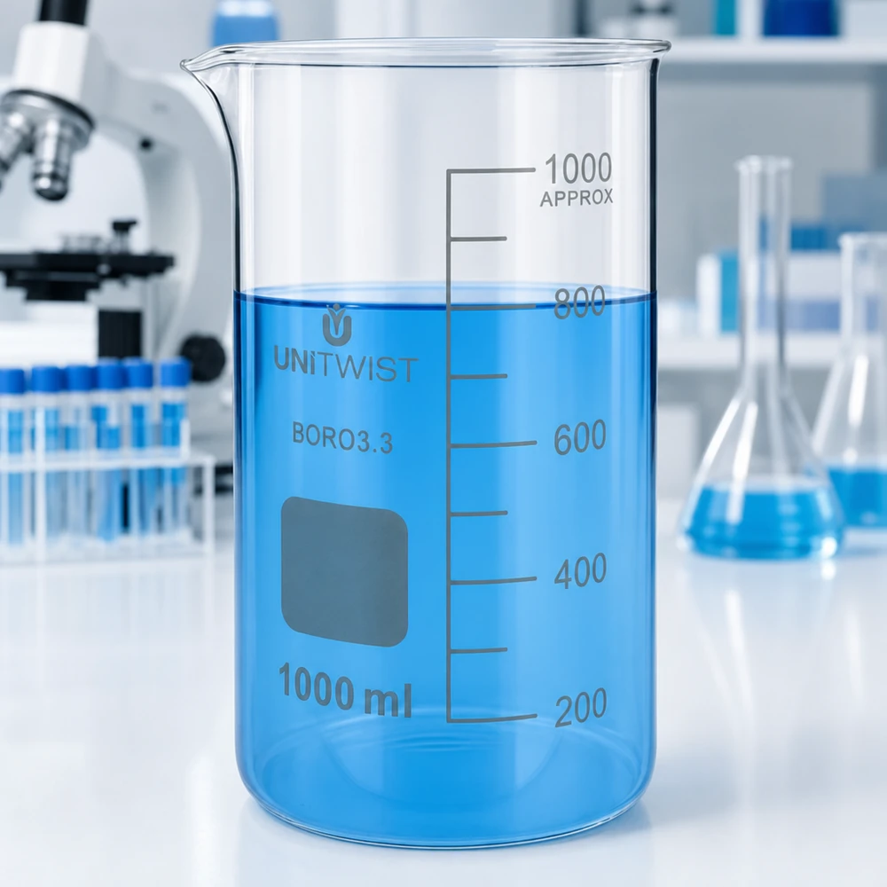 Szklanka UNITWIST o pojemności 1000 ml, wysoka, z borokrzemianu, z niebieską cieczą na stole laboratoryjnym