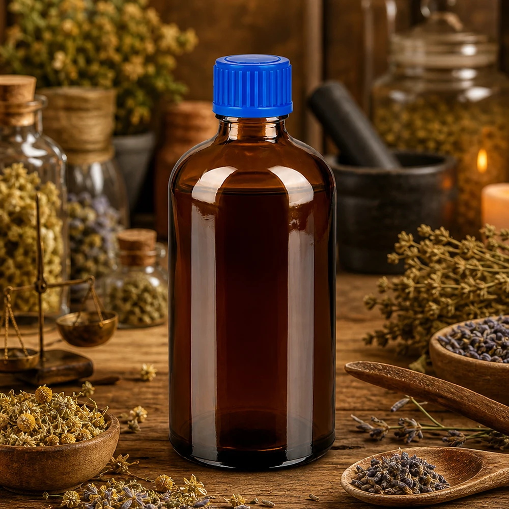 Butelka 100 ml 11 mm SV niebieski STD BrownLine UT18/100 Wysokiej jakości butelka farmaceutyczna 100 ml wykonana z bursztynowego szkła chroniącego przed promieniowaniem UV z niebieską zakrętką na składniki aktywne