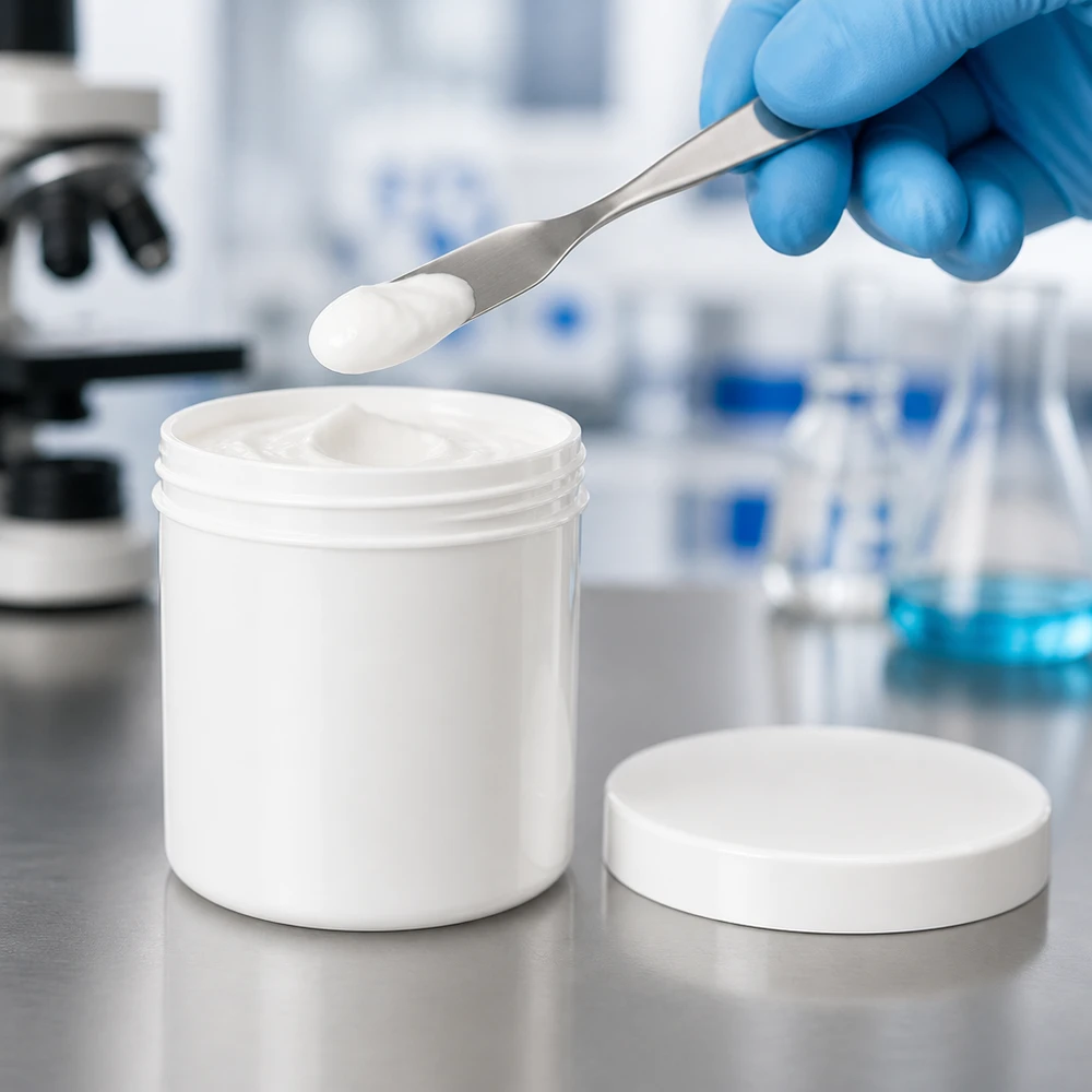 Słoiczek na maść 20g biały z białą zakrętką (PP) Pojemnik laboratoryjny na maść, biały, 20 g, z tworzywa PP, z zakręcaną pokrywką i szpatułką