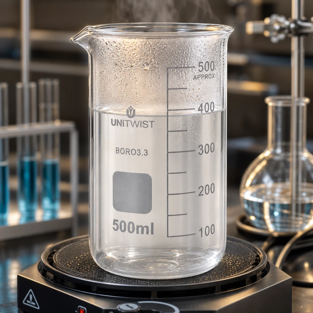 Zlewka 500ml borokrzemianowa, wysoka UNITWIST Szklanka UNITWIST o pojemności 500 ml i wysokim kształcie na płycie grzewczej z wrzącą wodą w laboratorium