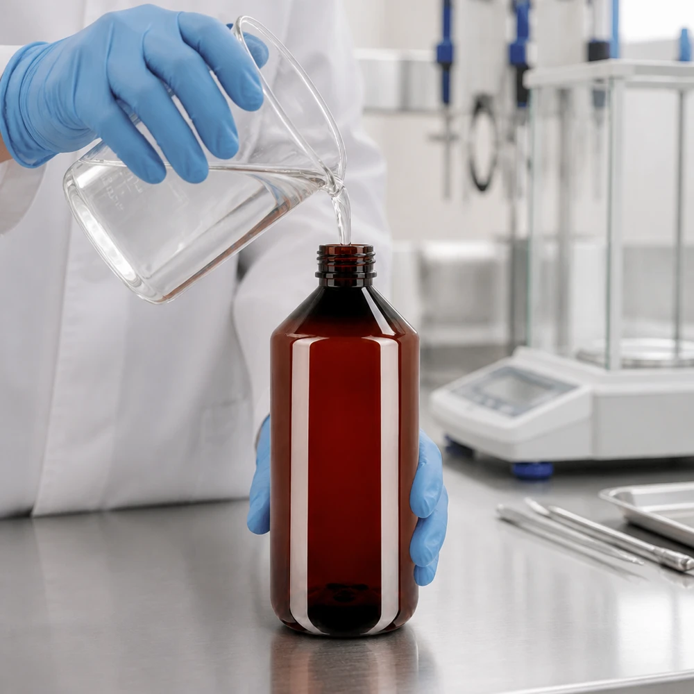 Laborant, mając na rękach rękawiczki ochronne, napełnia brązową butelkę PET o pojemności 1000 ml w profesjonalnym laboratorium
