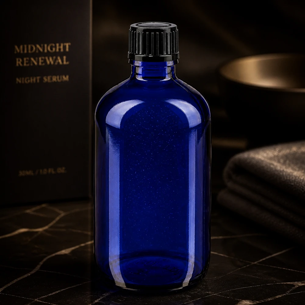Butelka apteczna niebieska 100ml kroplówka v. 1mm czarny szt Niebieska buteleczka z zakraplaczem STD o pojemności 100 ml marki ApoGlas z czarną zakrętką do serum na noc