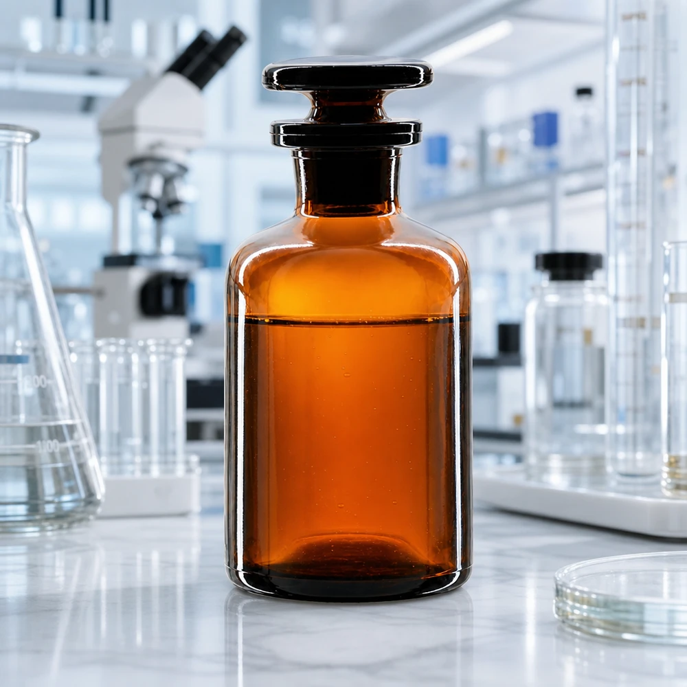 Butelka o zaokrąglonych ramionach, 50 ml, z brązowego szkła, z wąską szyjką i szklanym korkiem zapewniającym ochronę wrażliwych substancji przed promieniowaniem UV