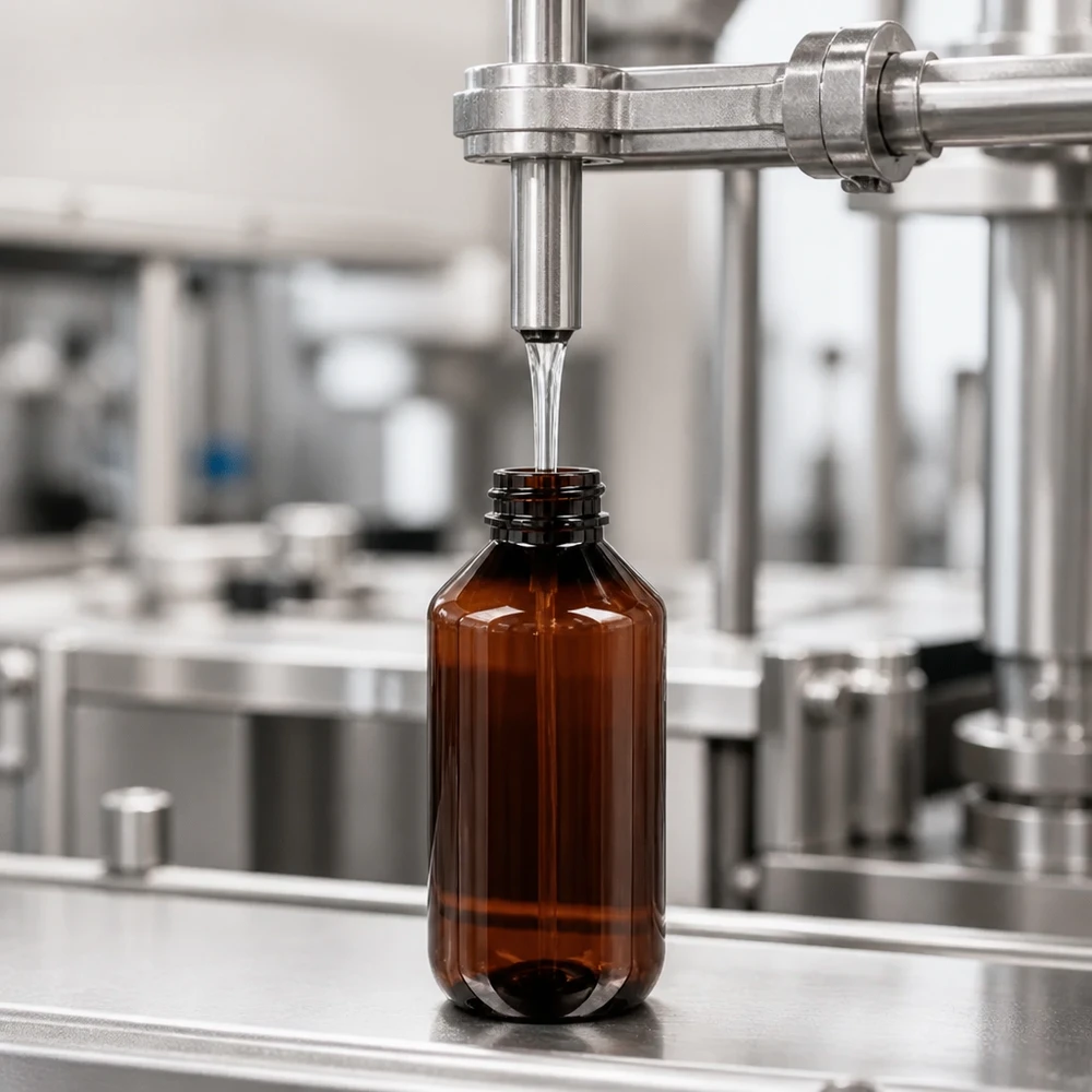 PET Flasche 200ml in Braun bei professioneller maschineller Abfüllung im Reinraum