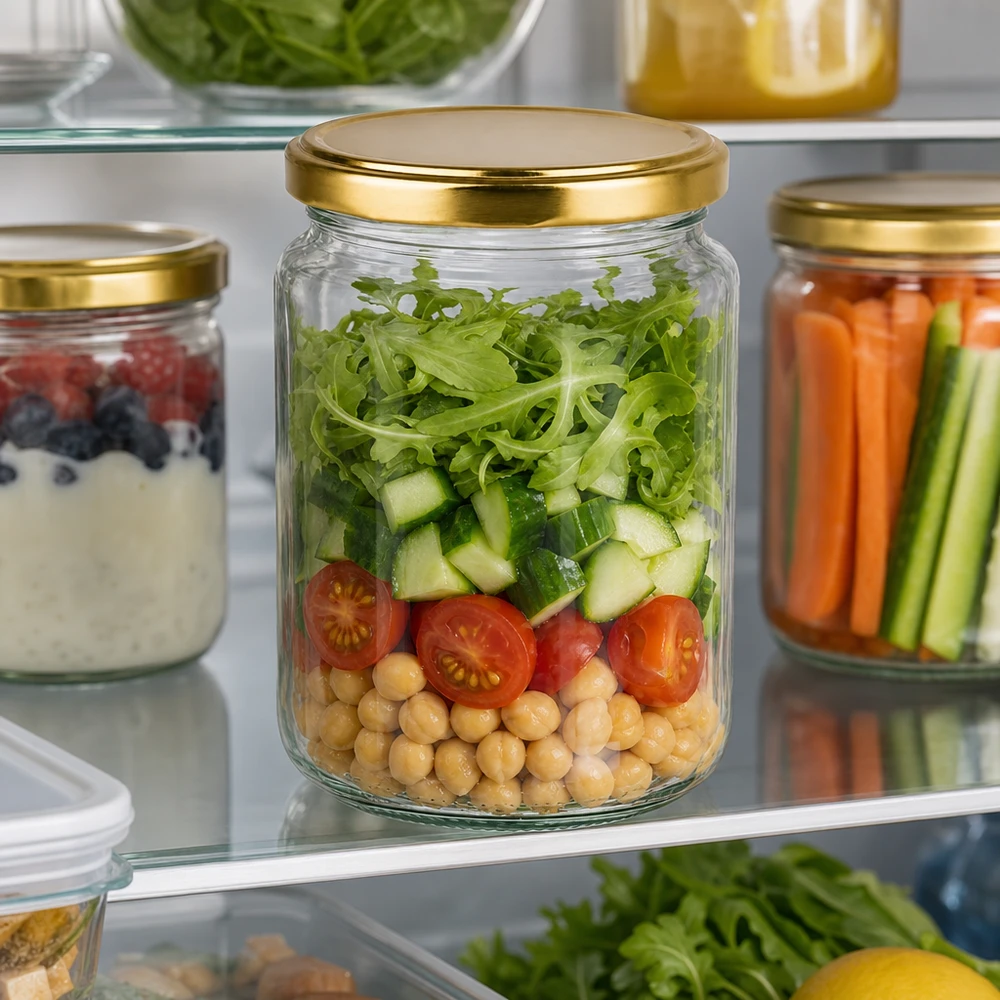 382 ml okrągłe szkło z pokrywką BasicSeal złota UNiTWIST 382ml Rundglas mit goldenem Deckel für frische Salate im Kühlschrank - perfekte Meal Prep Aufbewahrung