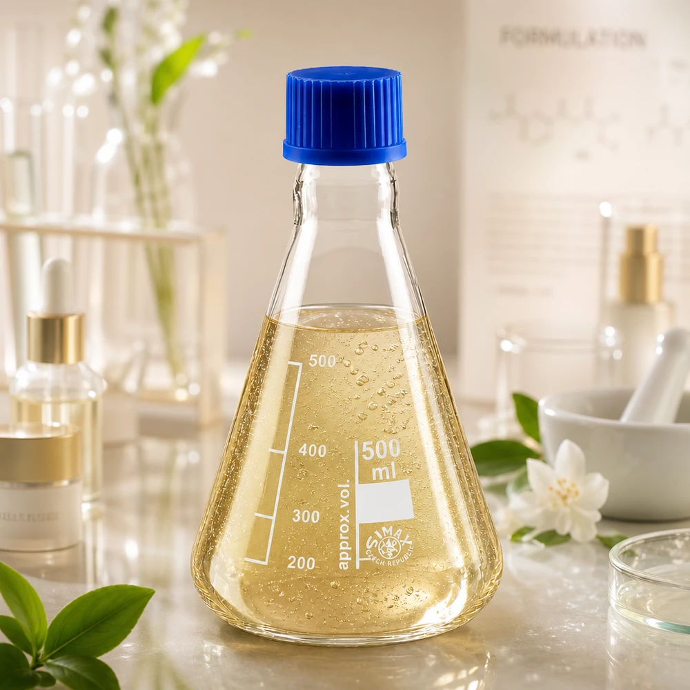 Kolba Erlenmeyera 500 ml z zakrętką Kolba Erlenmeyera 500 ml z żółtą cieczą i niebieską pokrywką do eksperymentów chemicznych