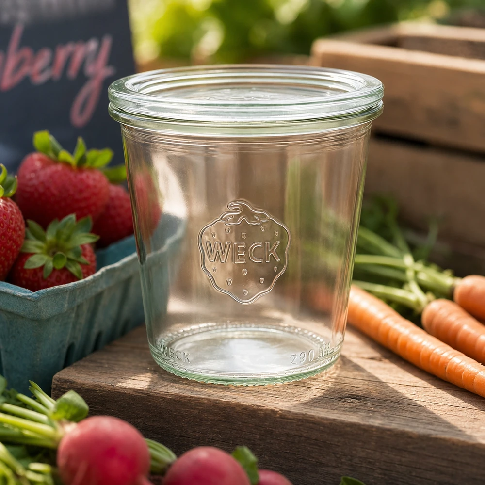 Kubki WECK 290ml RR80 puste na drewnianej desce ze świeżymi truskawkami, marchewką i rzodkiewką do naturalnego przechowywania żywności.