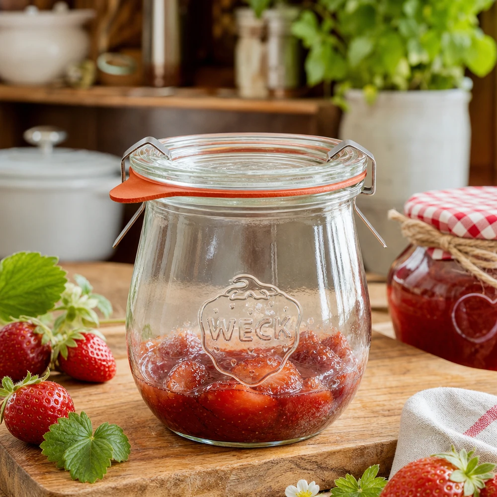 Słoik tulipan 220ml kompletny WECK RR60 Słoik WECK tulipan 220ml wypełniony dżemem truskawkowym na drewnianej desce w przytulnej kuchni ze świeżymi truskawkami