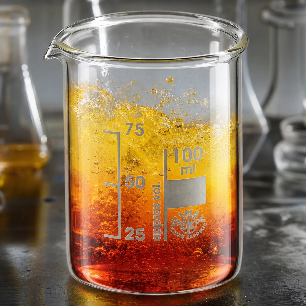 Zlewka z podziałką 100 ml z kolorową mieszaniną chemiczną i precyzyjną skalą objętości
