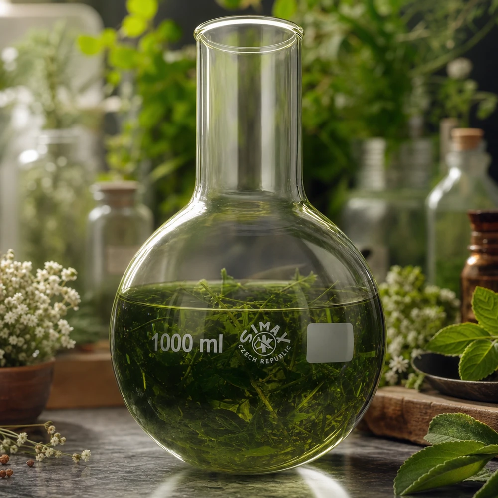 Kolba okrągłodenna z szeroką szyjką 1000 ml Kolba laboratoryjna 1000 ml z zielonym roztworem roślinnym do ekstrakcji botanicznej i ekstrakcji substancji naturalnych