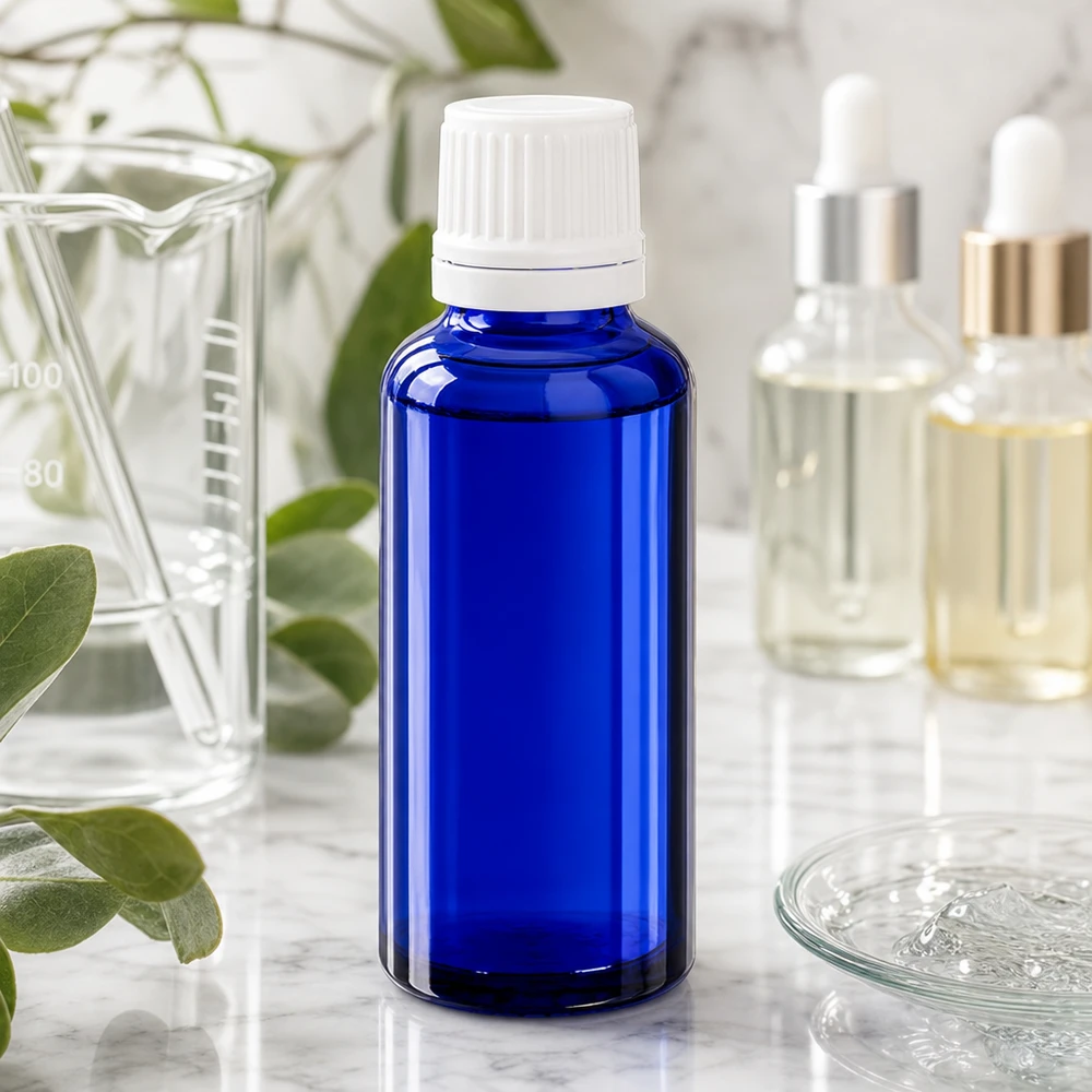Butelka apteczna niebieska 30ml drip v. 1,2 mm biały OV Niebieska buteleczka z kroplomierzem ApoGlas o pojemności 30 ml z białą zakrętką w otoczeniu laboratoryjnym na marmurowej powierzchni