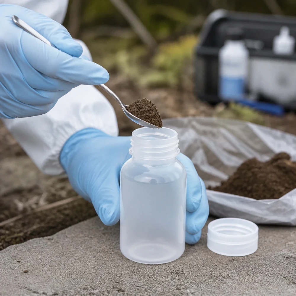 Próbkę gleby umieszcza się za pomocą szpatułki w 100 ml butelce laboratoryjnej z szeroką szyjką i zakrętką