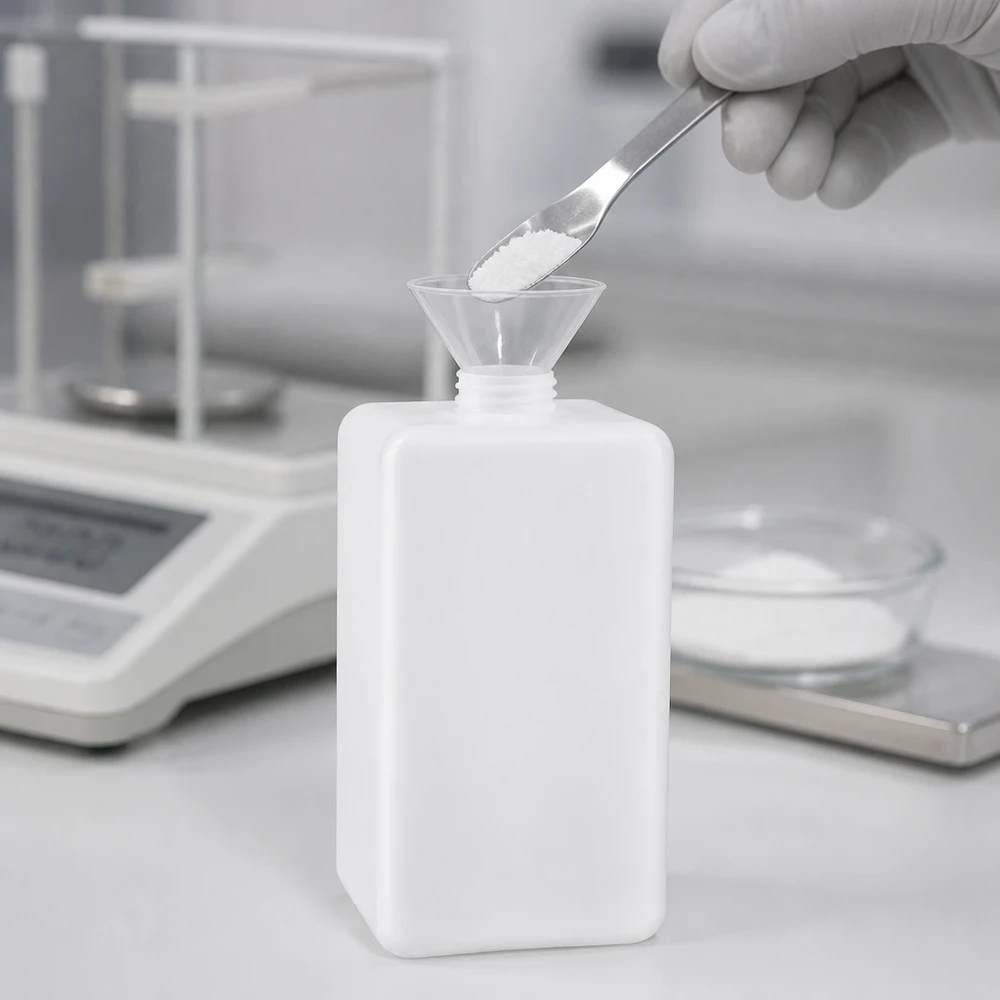 Butelka na chemikalia 1500ml, wąska szyjka wykonana z PE-HD, kolor naturalny, GL 32 Białe naczynie laboratoryjne 1500 ml z polietylenu o wysokiej gęstości (PE-HD), z wąską szyjką i lejkiem, do precyzyjnego dozowania proszku za pomocą wagi laboratoryjnej