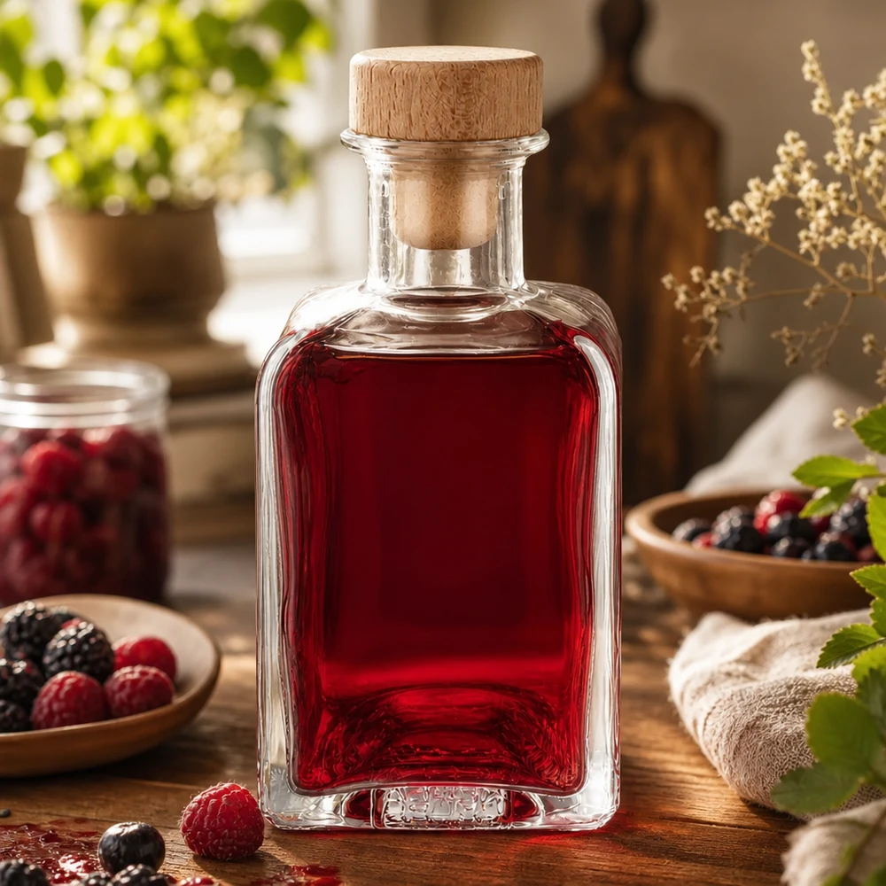 Butelka apteczna 200 ml Clara z drewnianym korkiem UNiTWIST® 200ml Glasflasche Clara mit rotem Beerensaft befüllt rustikale Küchendeko mit frischen Beeren natürlicher Holzkorken