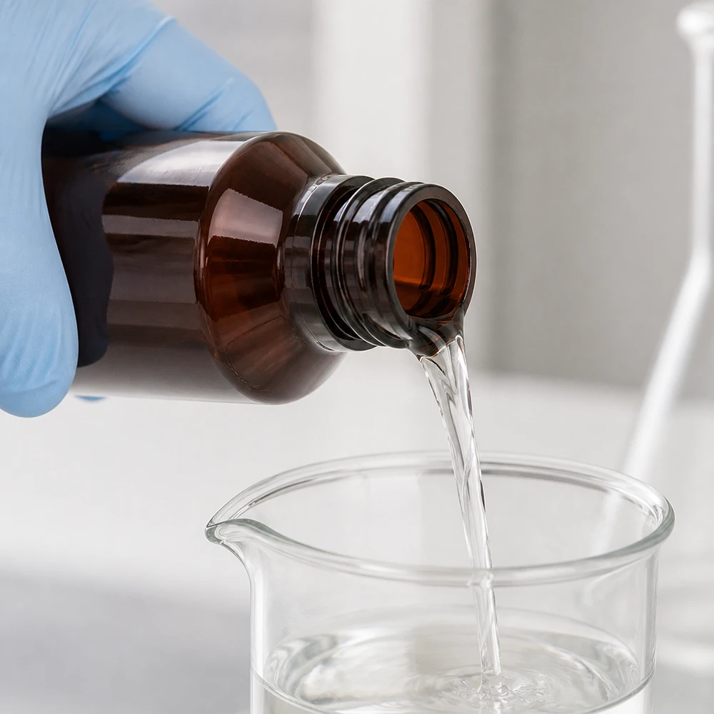 W laboratorium chemik napełnia szklaną zlewkę o pojemności 50 ml, wyprodukowaną z brązowej butelki PET, wyposażoną w czerwony korek odgazowujący