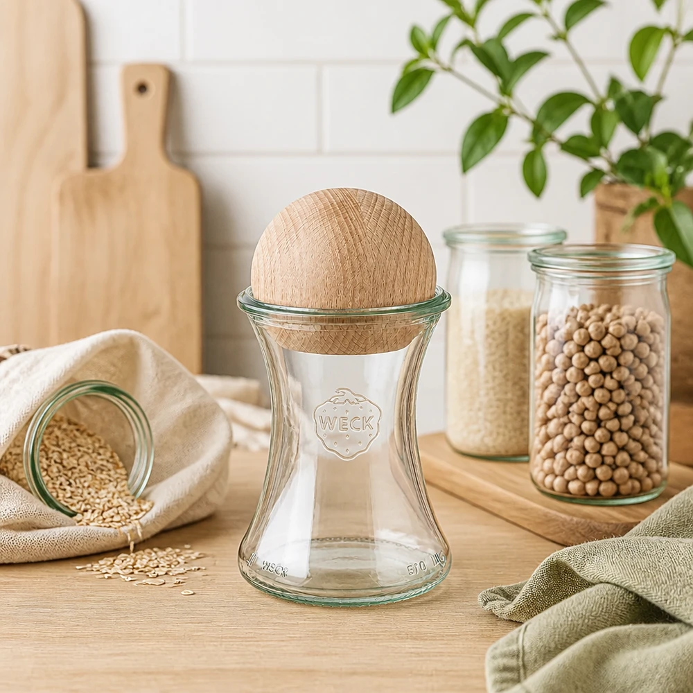 Słoik delikatesowy 370ml WECK RR80 w. Drewniana kulka bukowa WECK słoik do przetworów 370ml RR80 drewniana kula buk kuchnia rośliny strączkowe zboża zrównoważone przechowywanie słoiki do przechowywania