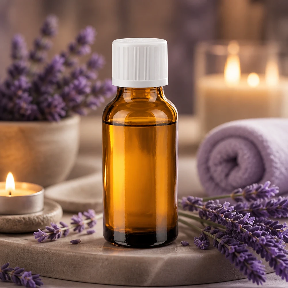 Mała buteleczka apteczna z brązowego szkła o pojemności 20 ml z białą nakrętką zabezpieczającą przed dziećmi, w stylu spa z motywem lawendy