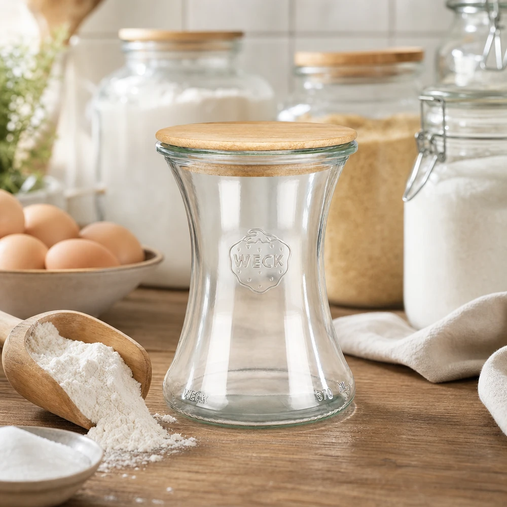 Słoik delikatesowy WECK RR80 o pojemności 370 ml z drewnianą pokrywką Słoik delikatesowy WECK 370ml RR80 z drewnianą pokrywką na drewnianym blacie obok mąki, jajek i składników do pieczenia w kuchni