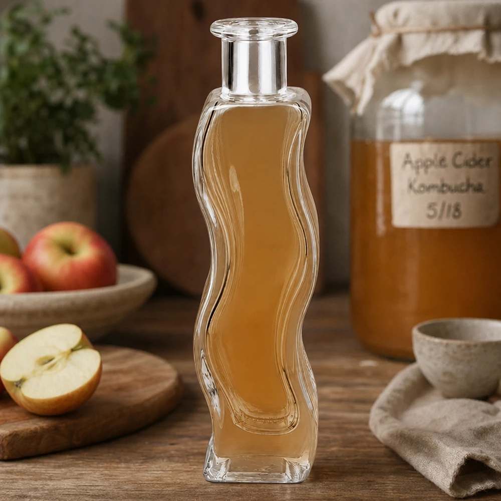 Szklana butelka Melissa 100ml wypełniona octem jabłkowym w naturalnej kuchni ze świeżymi jabłkami i szklanką Kombucha