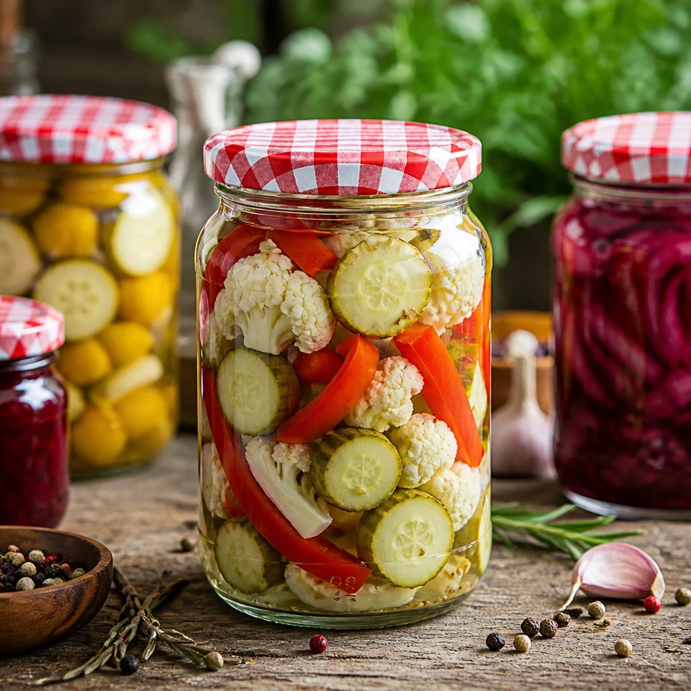 1062 ml okrągły słoik z pokrywką BasicSeal z marynowanymi warzywami mieszanymi Kalafior Ogórek Papryka Słoik do konserwowania Fermentacja