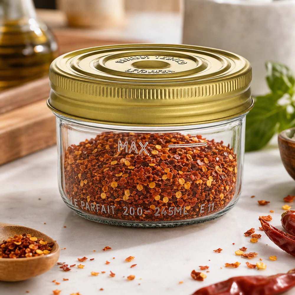 245ml Sturzglas "Familia Wiss" 2-teiliges Deckelsystem Le Pa 245 ml kubki Familia Wiss ze złotą pokrywką wypełnione czerwonymi płatkami chili na kuchennym stole z przyprawami