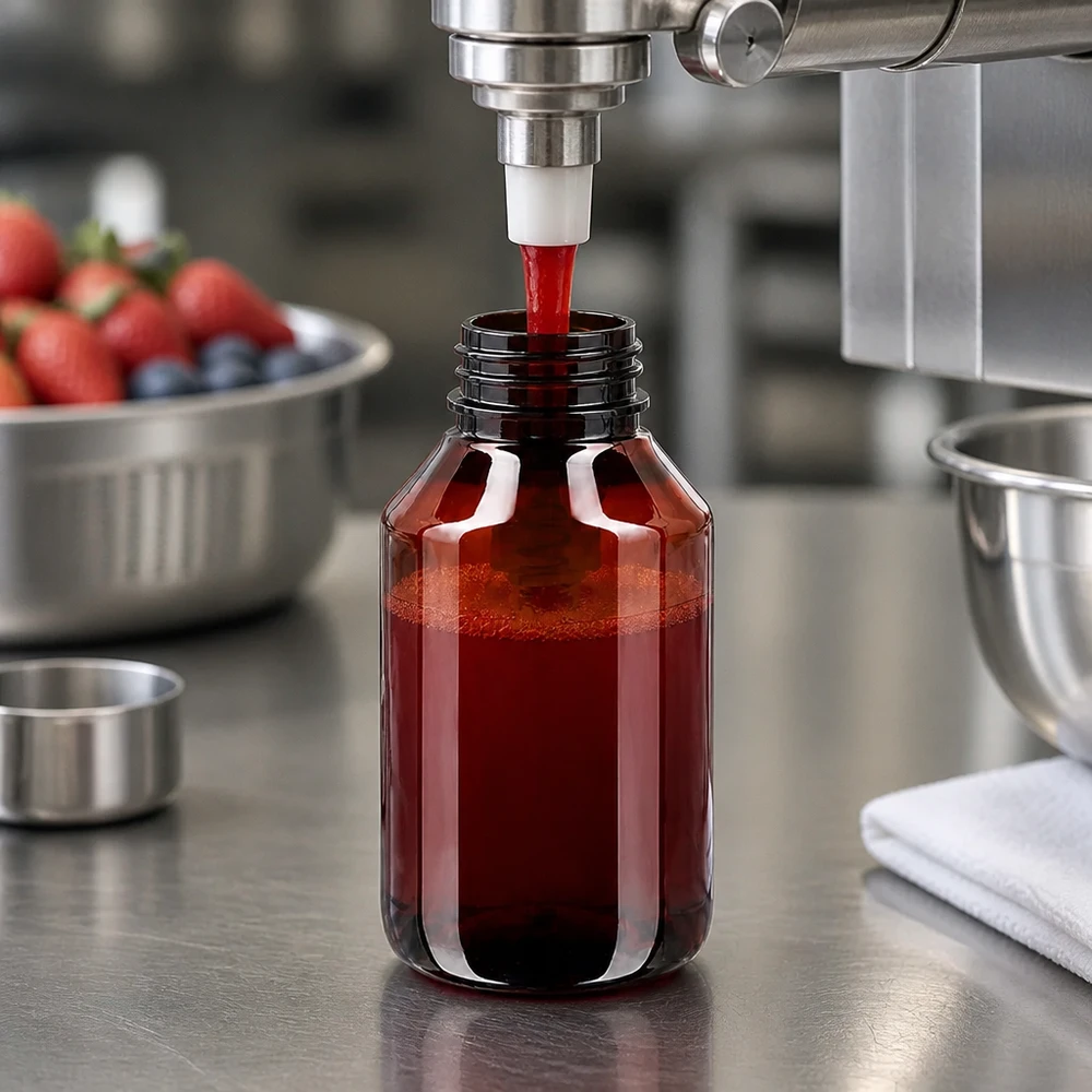 Butelka PET 50ml z pompką dozującą biała Befüllung einer kleinen PET Flasche mit Beerensaft in professioneller Produktionsumgebung